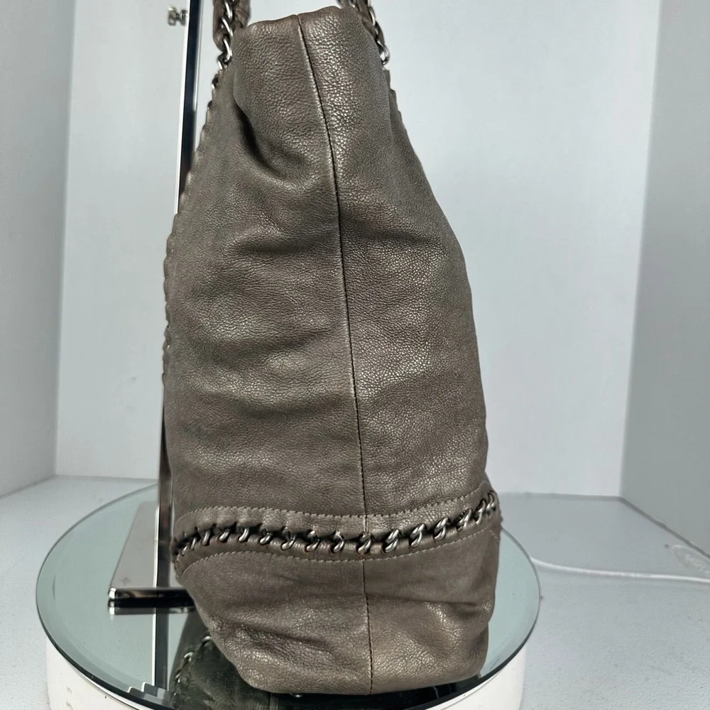 Chanel Metallic Silver Chain-Trim Leather Tote